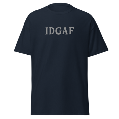 "IDGAF" printed on a navy on an invisible body