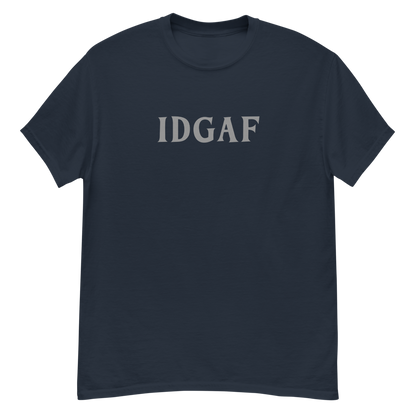 "IDGAF" printed on a navy unisex classic tee laying on a flat surface