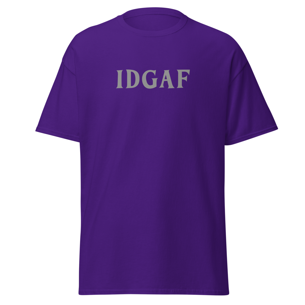 "IDGAF" printed on a purple on an invisible body