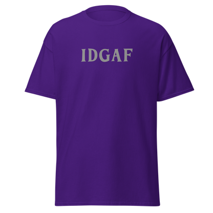 "IDGAF" printed on a purple on an invisible body