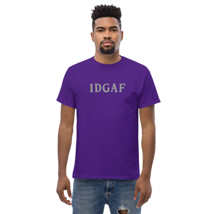 "IDGAF" printed on a purple unisex classic tee worn by a male