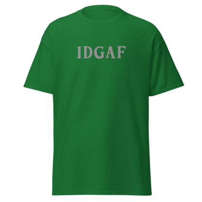 "IDGAF" printed on a turf green on an invisible body