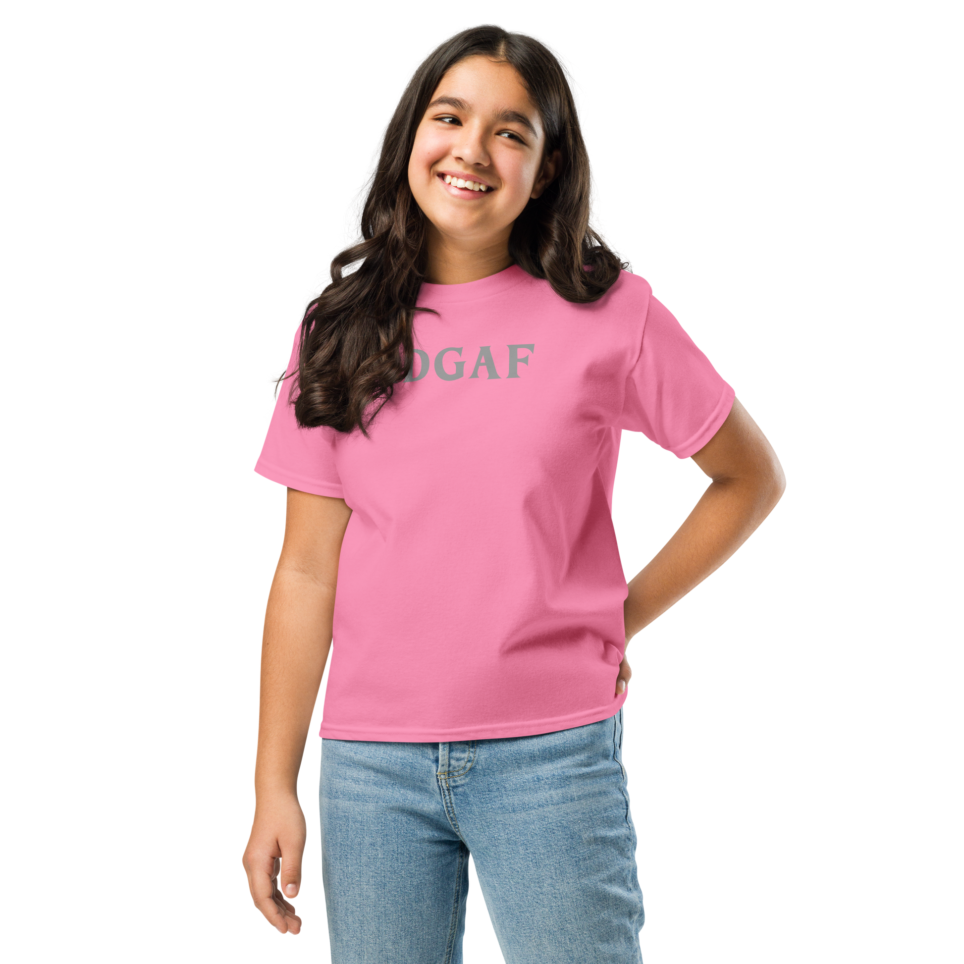 "IDGAF" printed on a azalea youth classic tee worn by a female