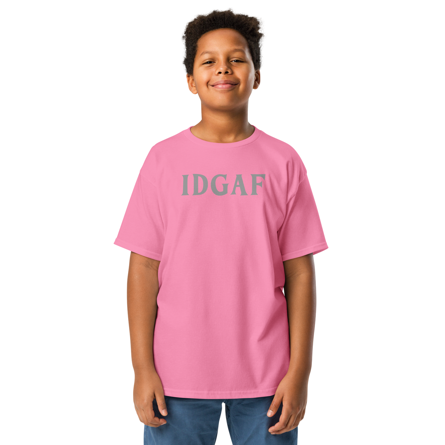 "IDGAF" printed on a azalea youth classic tee worn by a male