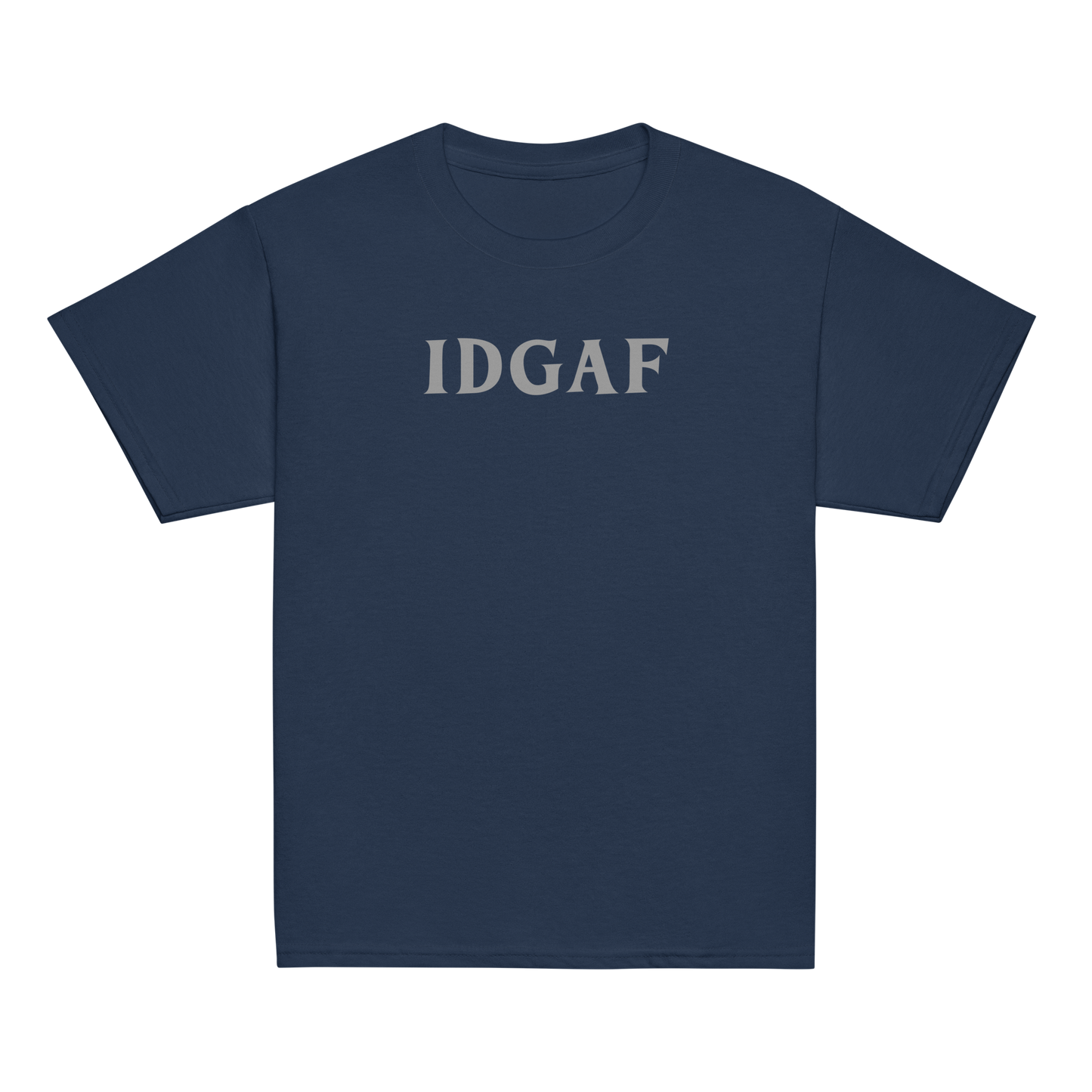 "IDGAF" printed on a navy youth classic tee laying on a flat surface
