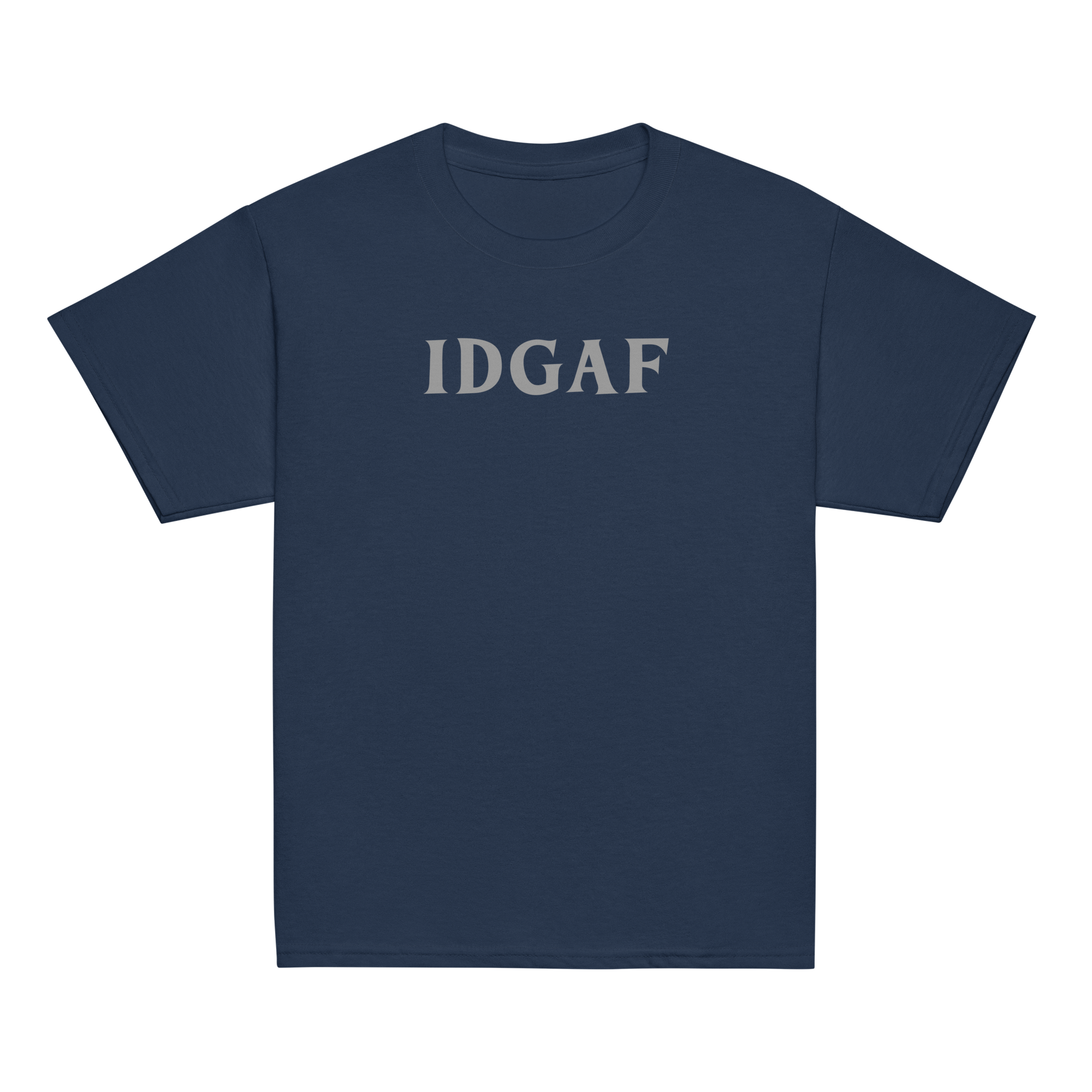 "IDGAF" printed on a navy youth classic tee laying on a flat surface