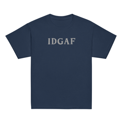 "IDGAF" printed on a navy youth classic tee laying on a flat surface