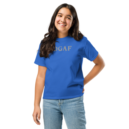 "IDGAF" printed on a royal youth classic tee worn by a female