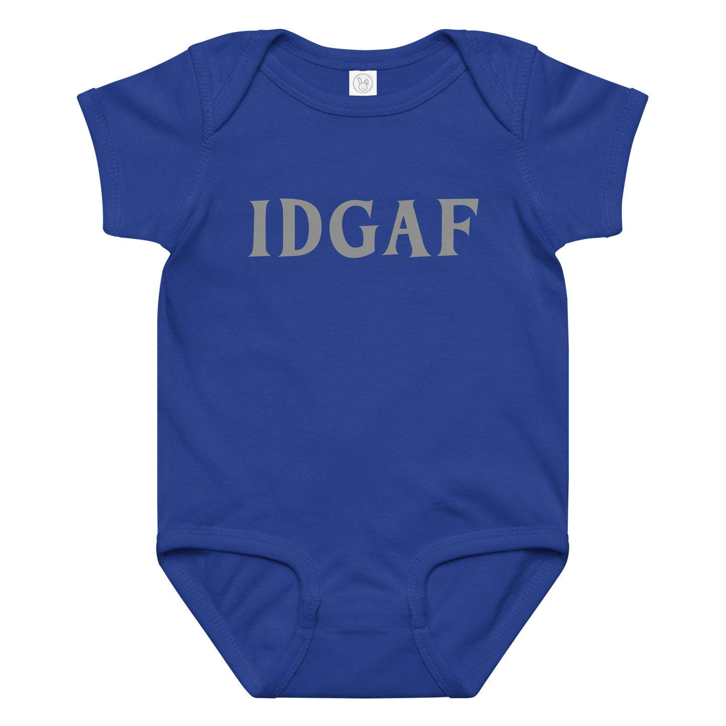 "IDGAF" printed on a royal baby jersey bodysuit laying on a flat surface amongst other clothes