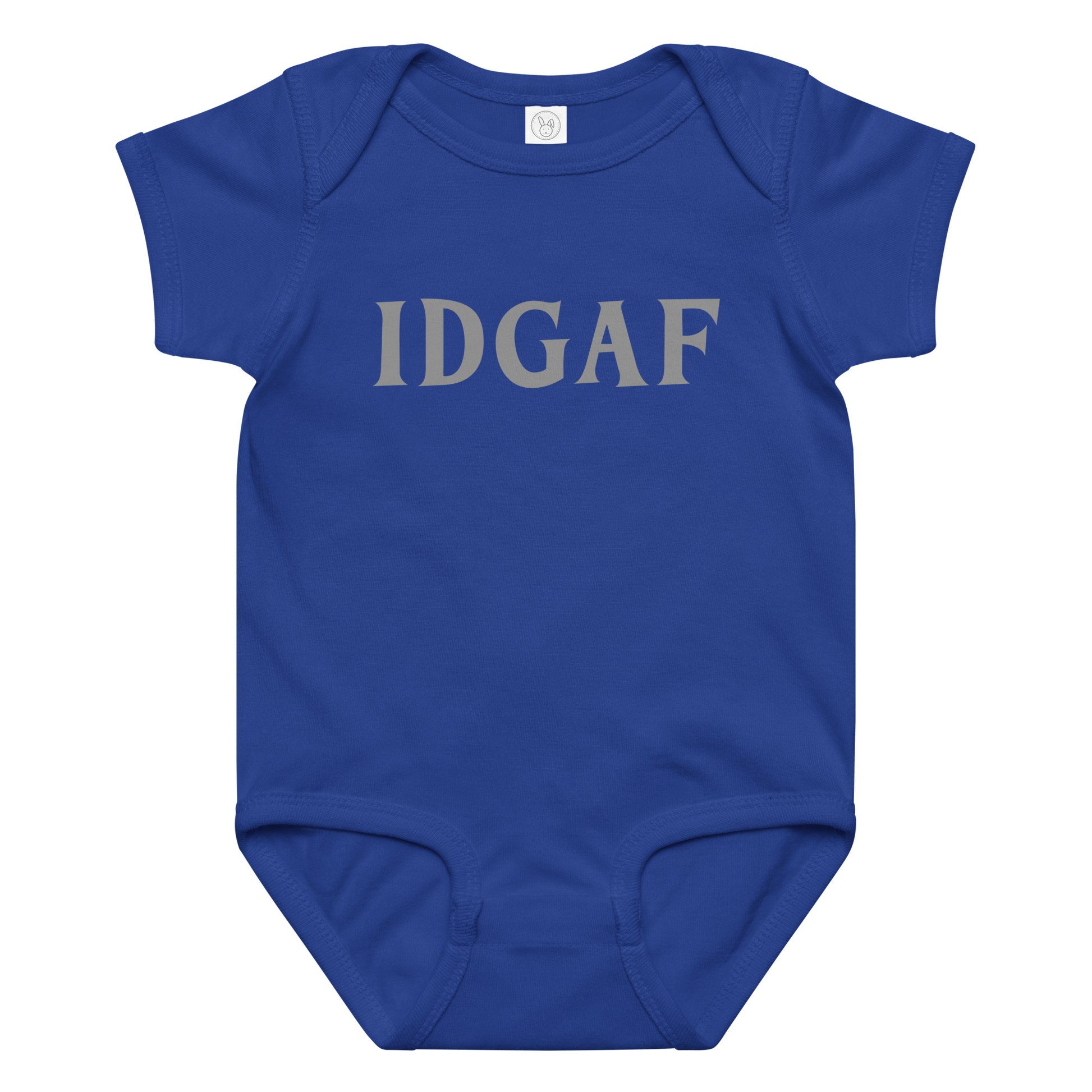 "IDGAF" printed on a royal baby jersey bodysuit laying on a flat surface amongst other clothes