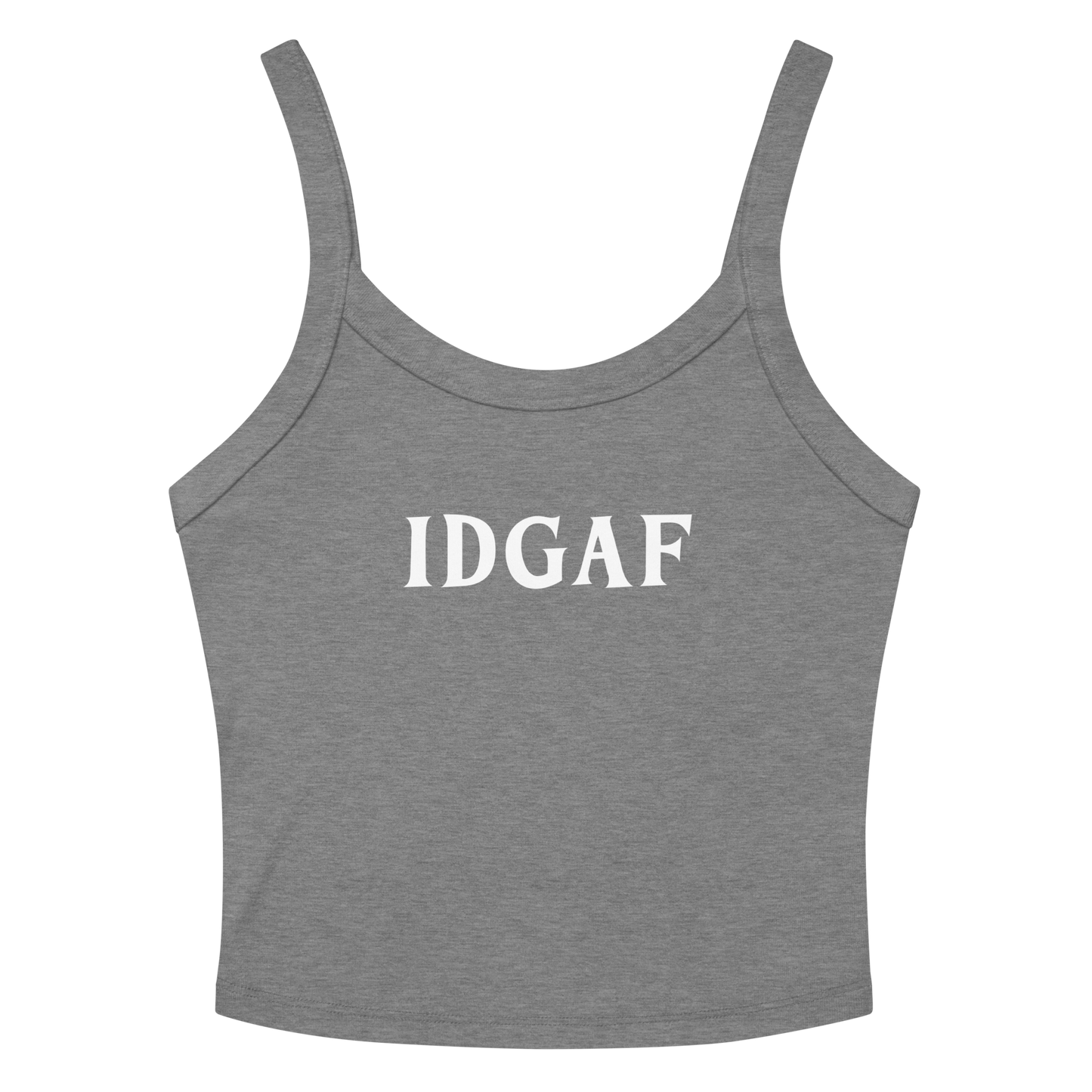 "IDGAF" printed on a athletic heather women's micro-rib tanktop laying on a flat surface amongst sunglasses and shorts
