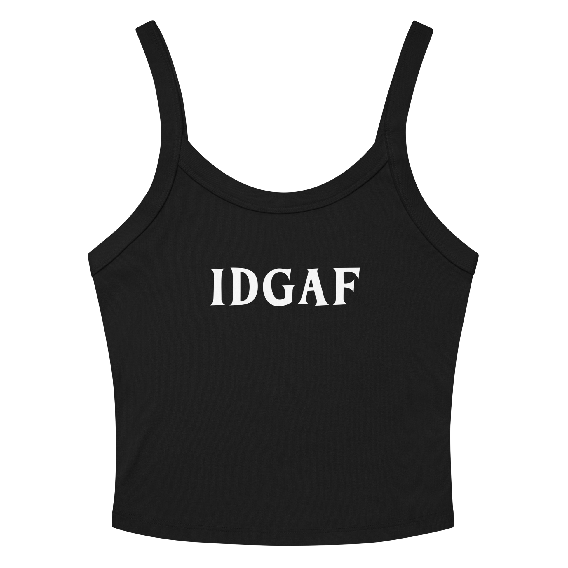 "IDGAF" printed on a solid black blend women's micro-rib tanktop laying on a flat surface amongst sunglasses and shorts