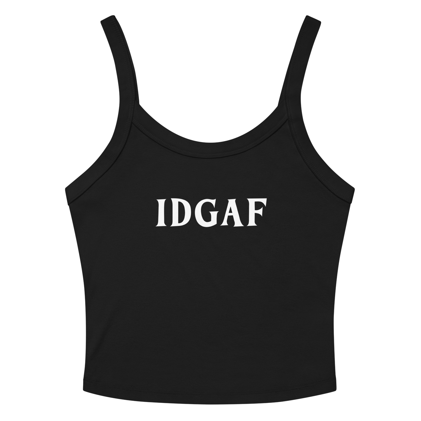 "IDGAF" printed on a solid black blend women's micro-rib tanktop laying on a flat surface amongst sunglasses and shorts