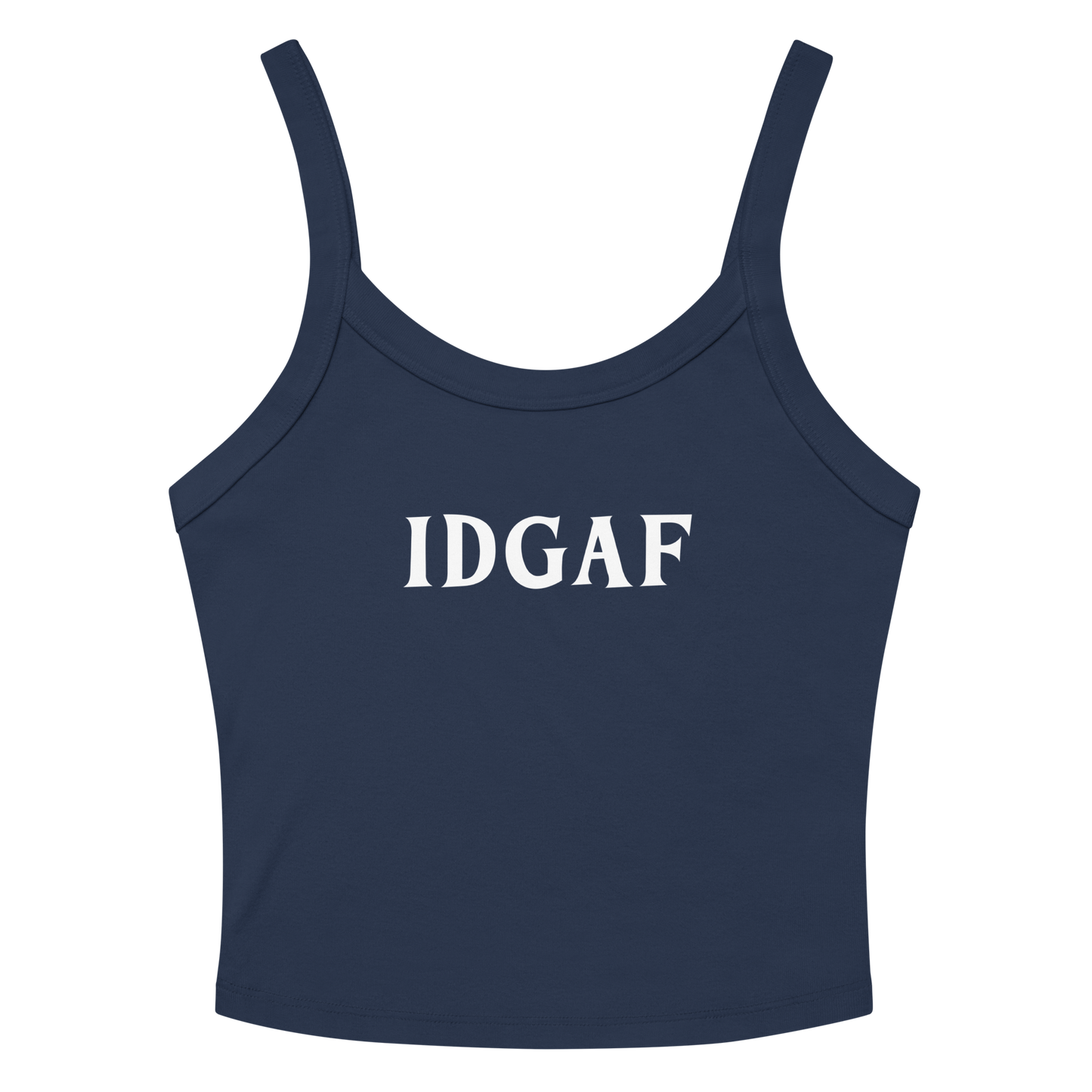 "IDGAF" printed on a solid navy blend women's micro-rib tanktop laying on a flat surface amongst sunglasses and shorts