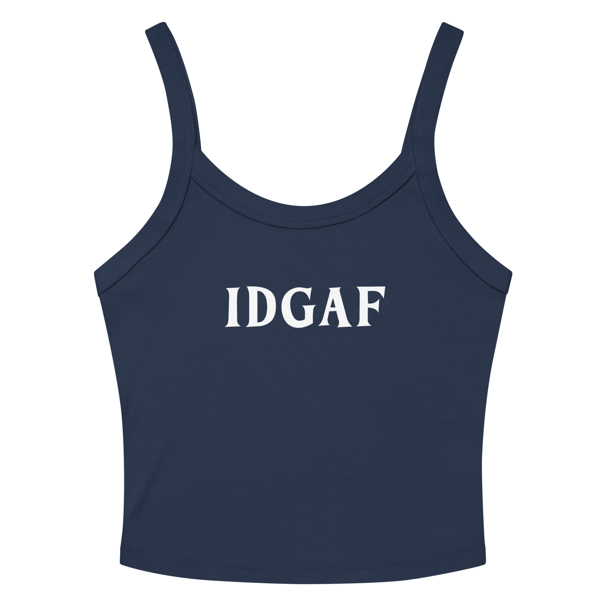 "IDGAF" printed on a solid navy blend women's micro-rib tanktop laying on a flat surface amongst sunglasses and shorts
