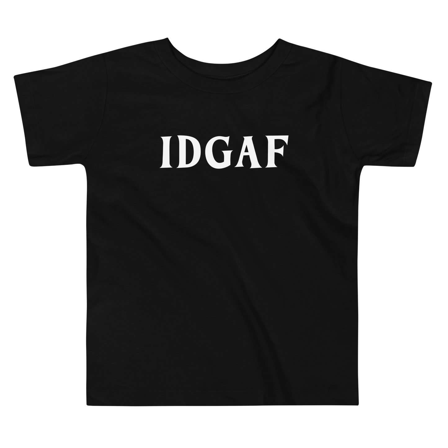 "IDGAF" printed on a black toddler short sleeve tee laying on a flat surface