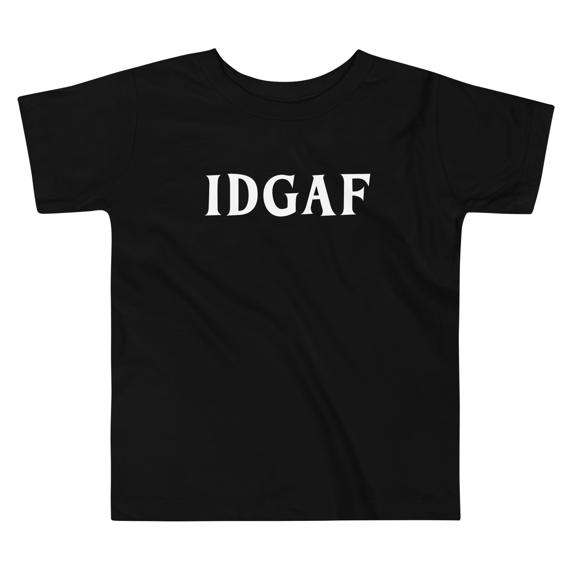 "IDGAF" printed on a black toddler short sleeve tee laying on a flat surface