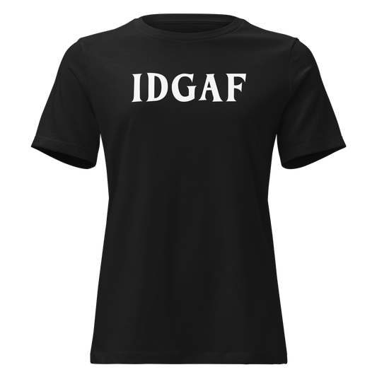 "IDGAF" printed on a black on an invisible / simulated body
