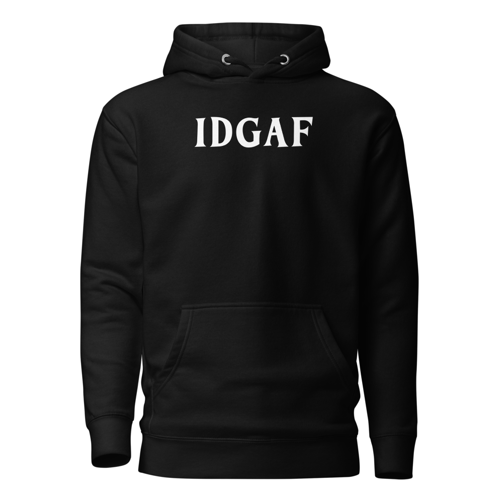 "IDGAF" printed on a black on an invisible / simulated body