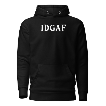 "IDGAF" printed on a black on an invisible / simulated body