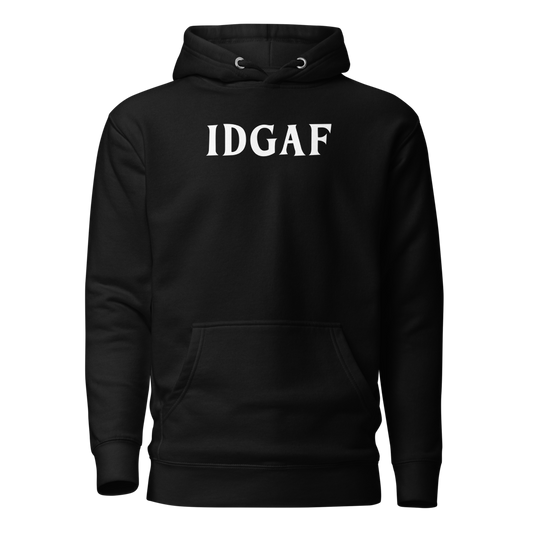 "IDGAF" printed on a black on an invisible / simulated body
