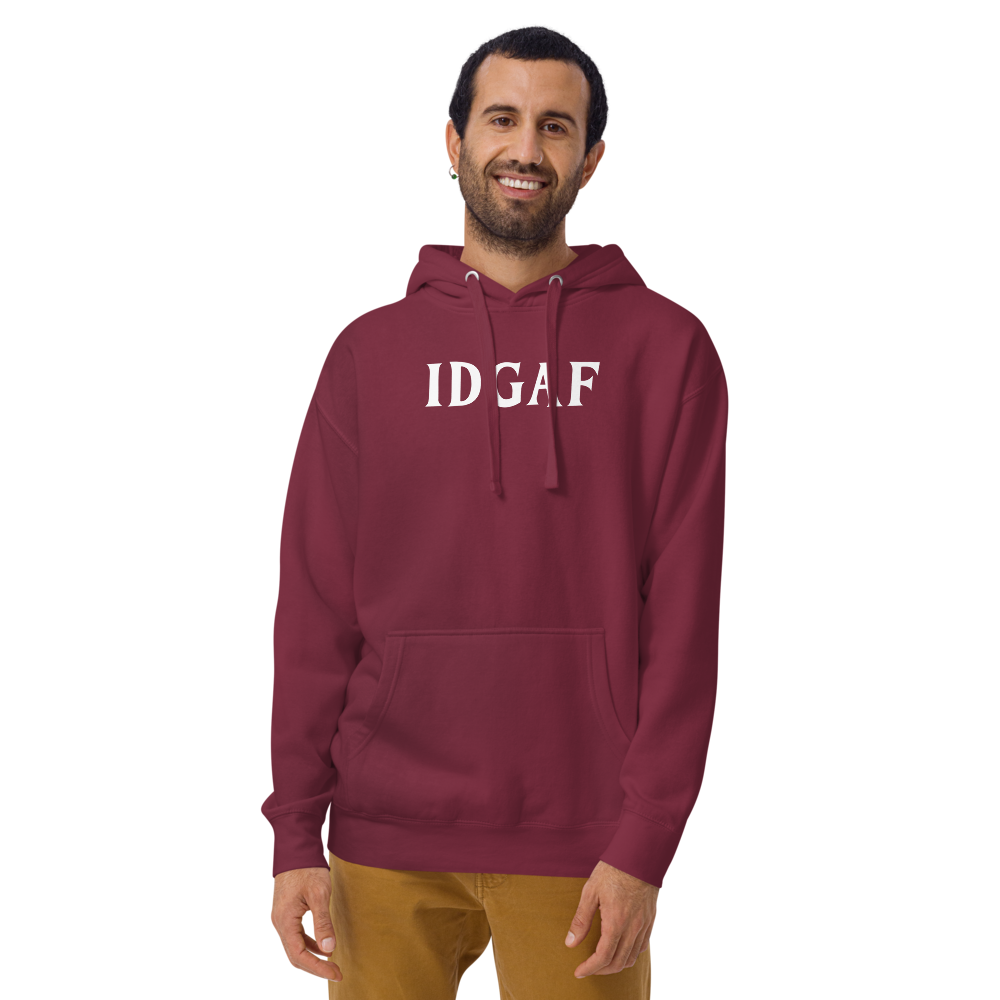 "IDGAF" printed on a maroon warn by a male
