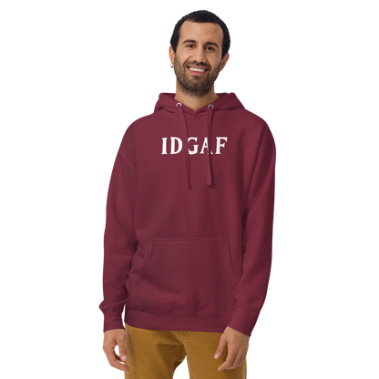 "IDGAF" printed on a maroon warn by a male