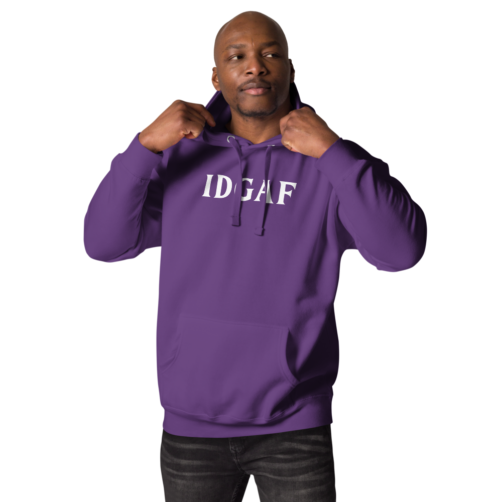 "IDGAF" printed on a purple unisex hoodie worn by a male