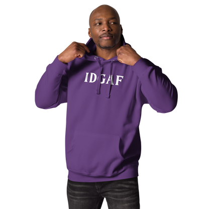 "IDGAF" printed on a purple unisex hoodie worn by a male