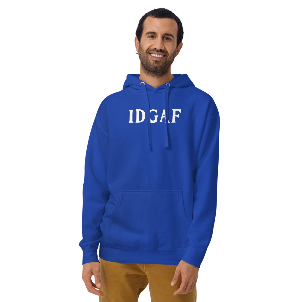 "IDGAF" printed on a team royal warn by a male