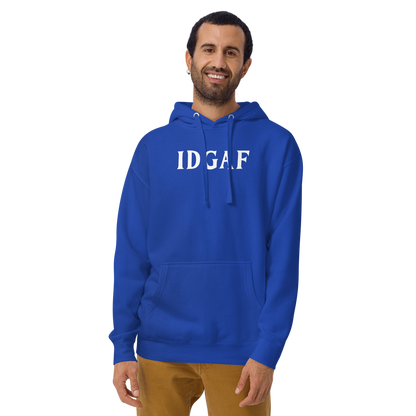 "IDGAF" printed on a team royal warn by a male