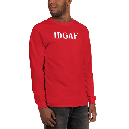 "IDGAF" printed on a red men's long sleeve shirt worn by a male