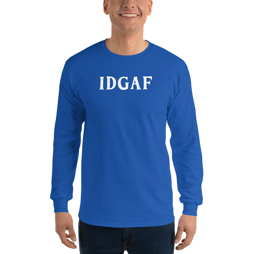 "IDGAF" printed on a royal men's long sleeve shirt worn by a male