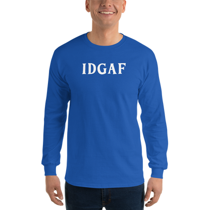 "IDGAF" printed on a royal men's long sleeve shirt worn by a male