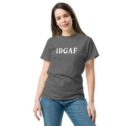 "IDGAF" printed on a charcoal unisex classic tee worn by a female