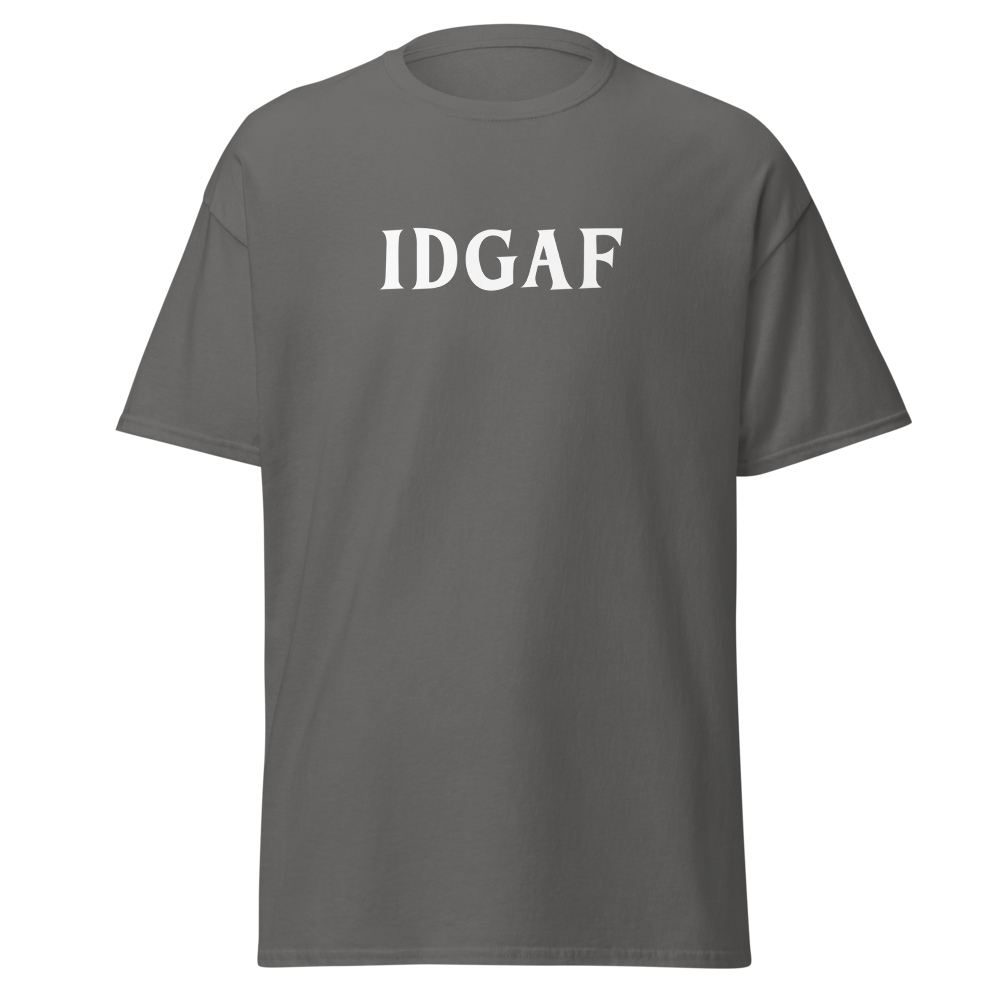 "IDGAF" printed on a charcoal on an invisible body