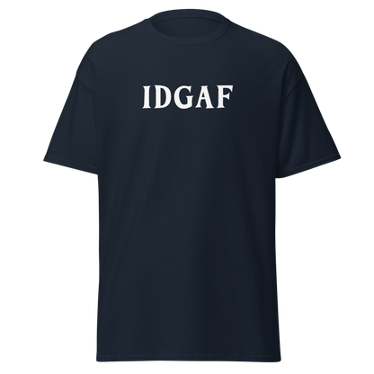 "IDGAF" printed on a navy on an invisible body