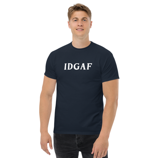 "IDGAF" printed on a navy unisex classic tee worn by a male