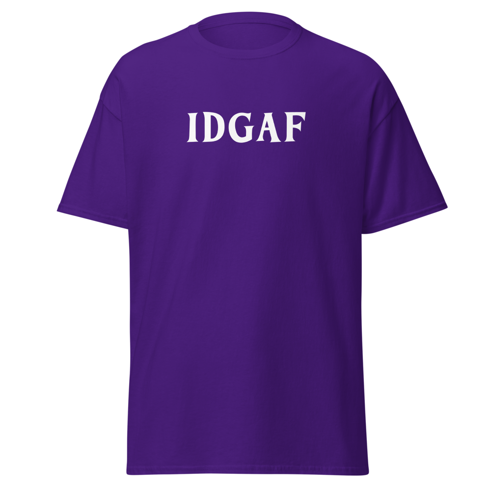 "IDGAF" printed on a purple on an invisible body