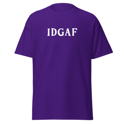 "IDGAF" printed on a purple on an invisible body