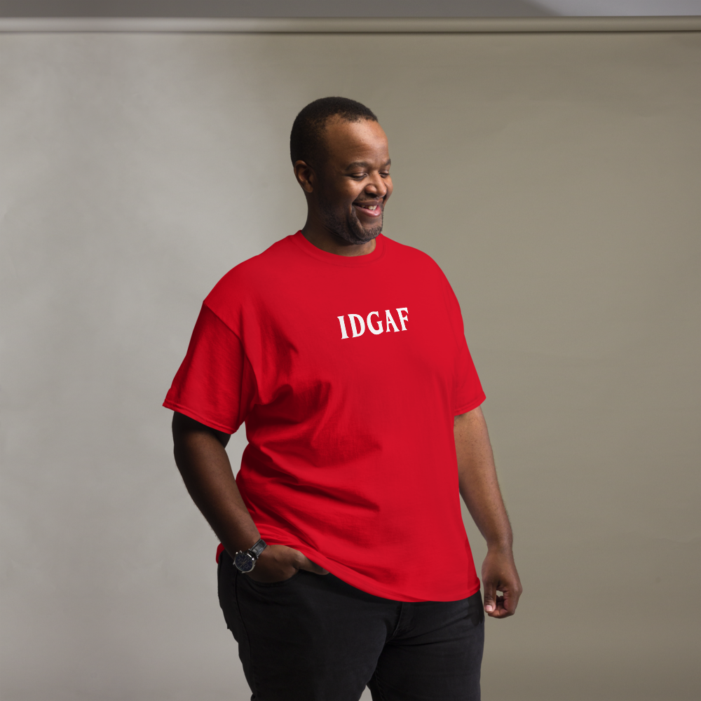"IDGAF" printed on a red unisex classic tee worn by a male