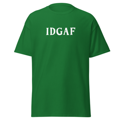 "IDGAF" printed on a turf green on an invisible body