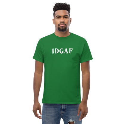 "IDGAF" printed on a turf green unisex classic tee worn by a male