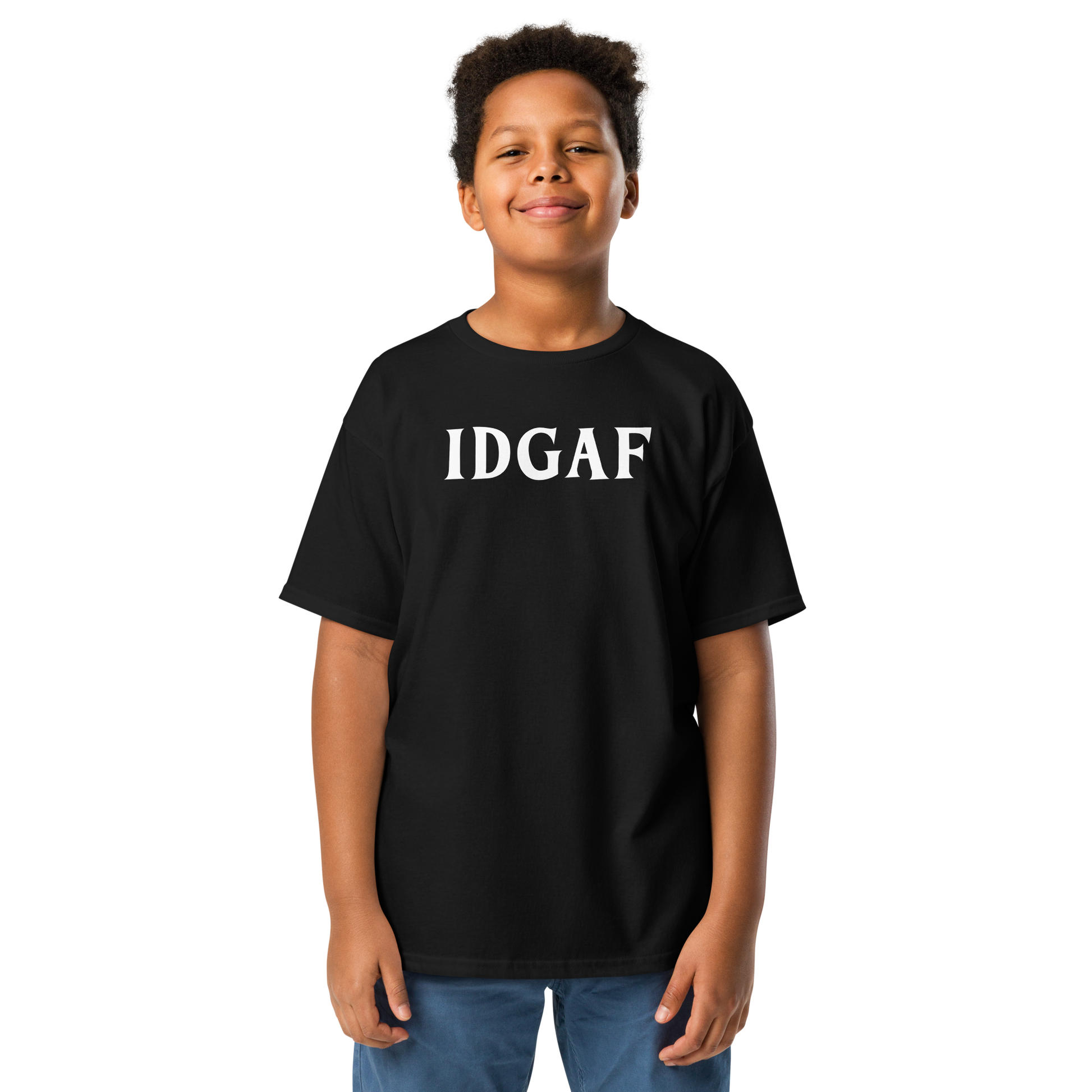 "IDGAF" printed on a black youth classic tee worn by a male