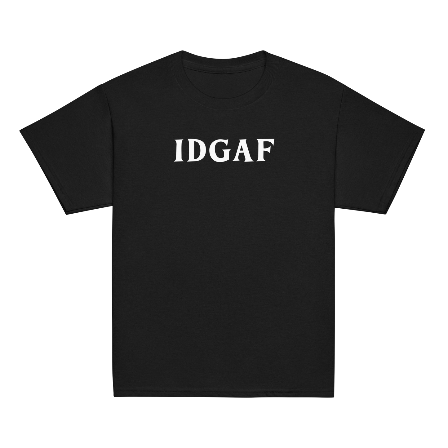 "IDGAF" printed on a black youth classic tee laying on a flat surface