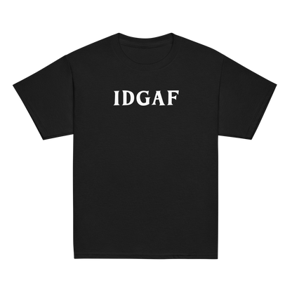 "IDGAF" printed on a black youth classic tee laying on a flat surface