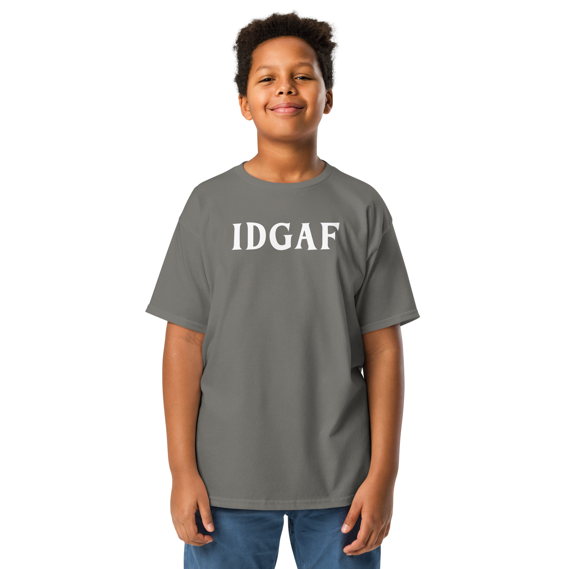 "IDGAF" printed on a charcoal youth classic tee worn by a male