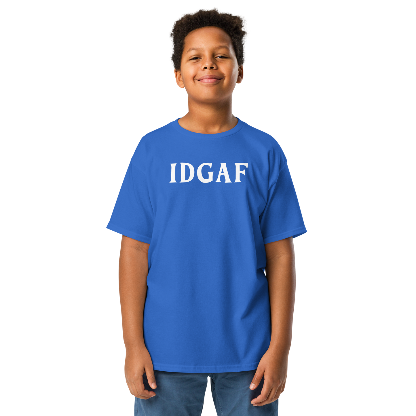 "IDGAF" printed on a royal youth classic tee worn by a male