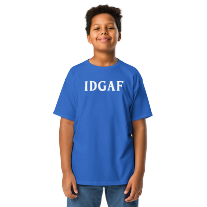 "IDGAF" printed on a royal youth classic tee worn by a male