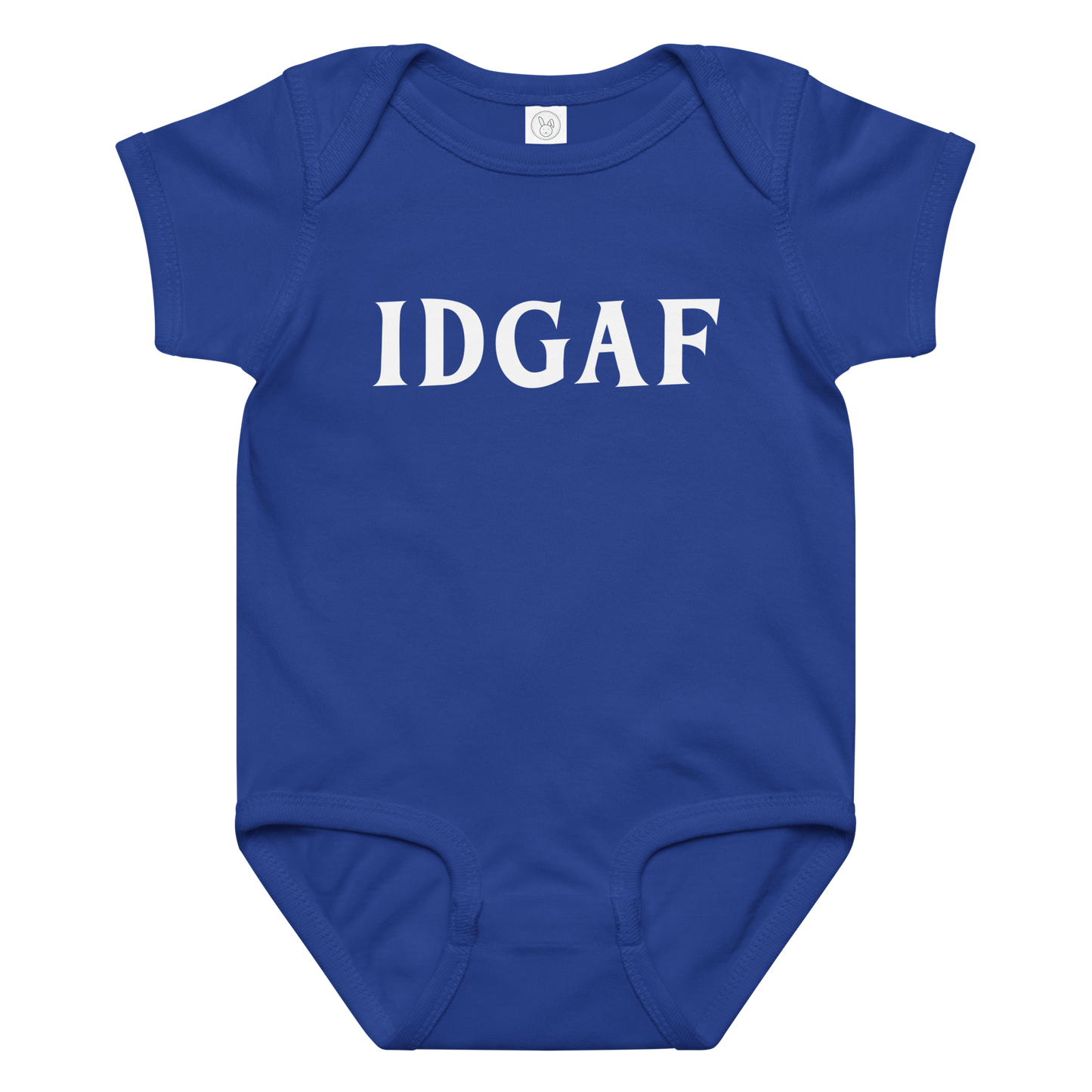 "IDGAF" printed on a royal baby jersey bodysuit laying on a flat surface amongst other clothes